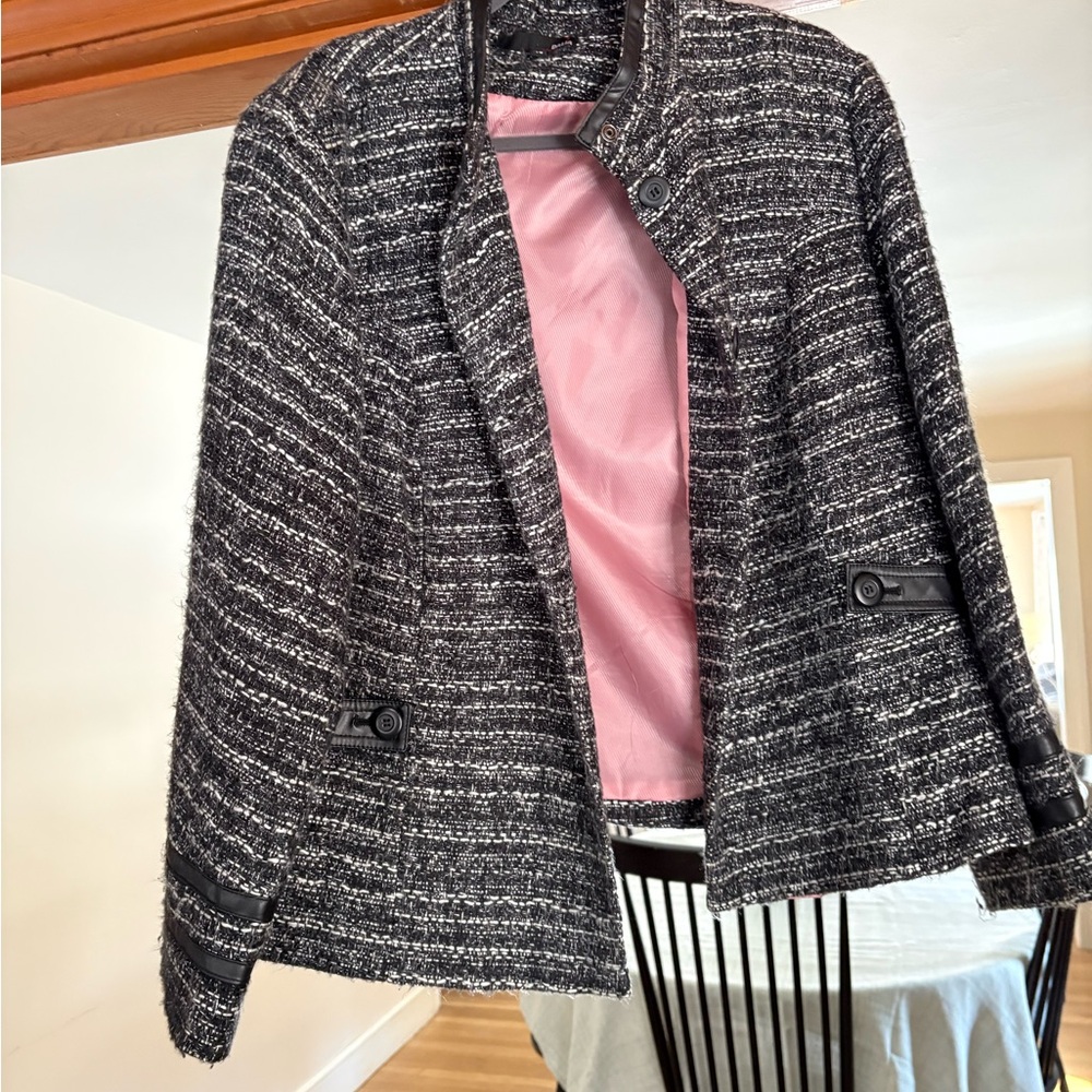 Classic Black & White Tweed Women's Jacket with Pink Lining